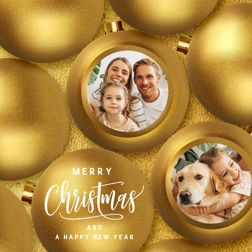 Foto kerstkaart gouden kerstballen - Kerstkaarten Kerstkaarten - Foto kerstkaart gouden kerstballen