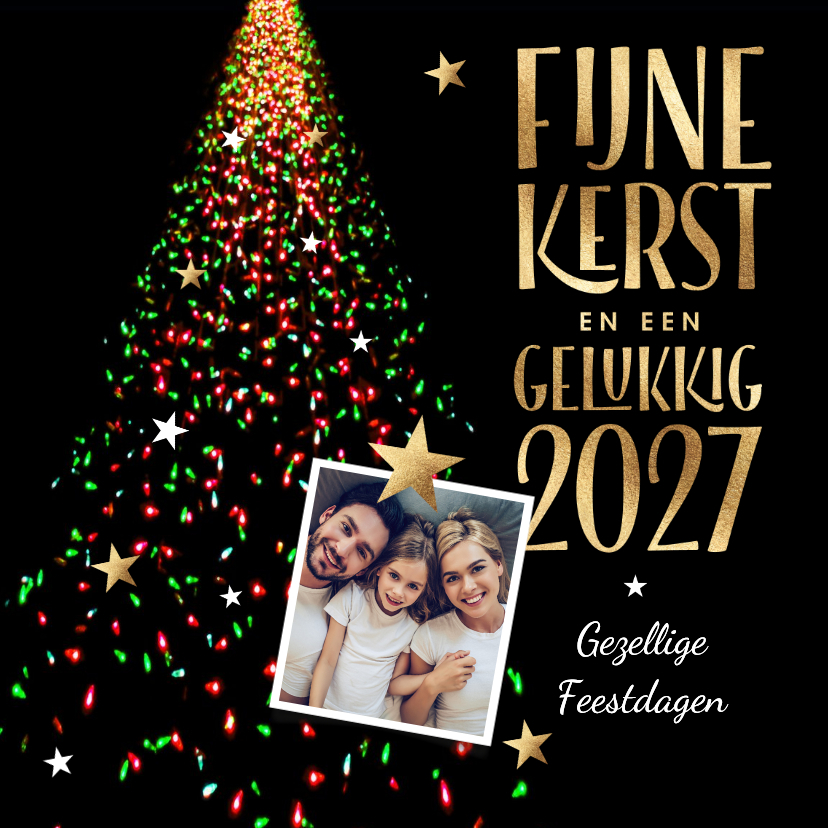 Kerstkaarten - Foto kerstkaart kerstboom lichtjes rood en groen 2027 foto
