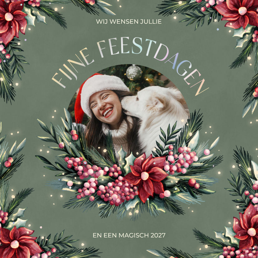 Foto kerstkaart met waterverf krans met bloemen en besjes - Kerstkaarten Kerstkaarten - Foto kerstkaart met waterverf krans met bloemen en besjes