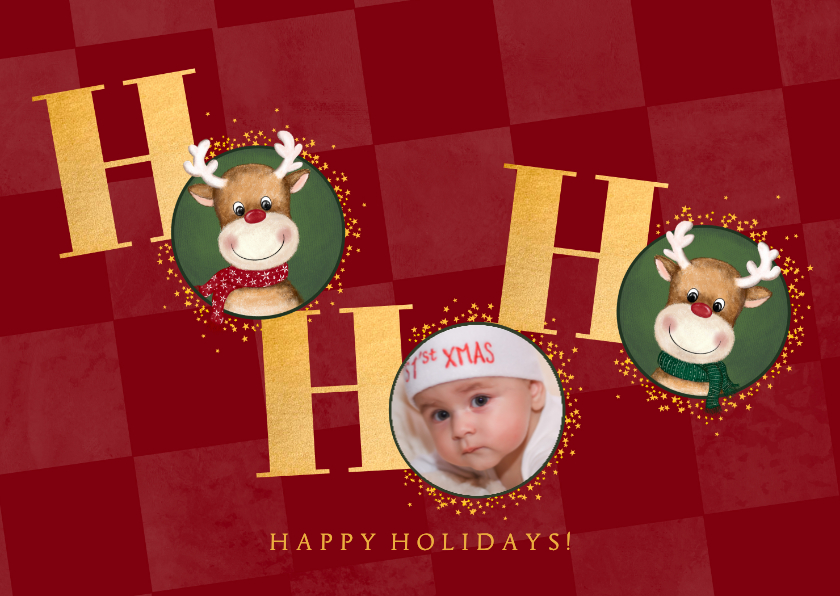 Foto kerstkaart – Rendier HO HO HO – Rode kerstkaart - Kerstkaarten Kerstkaarten - Foto kerstkaart – Rendier HO HO HO – Rode kerstkaart