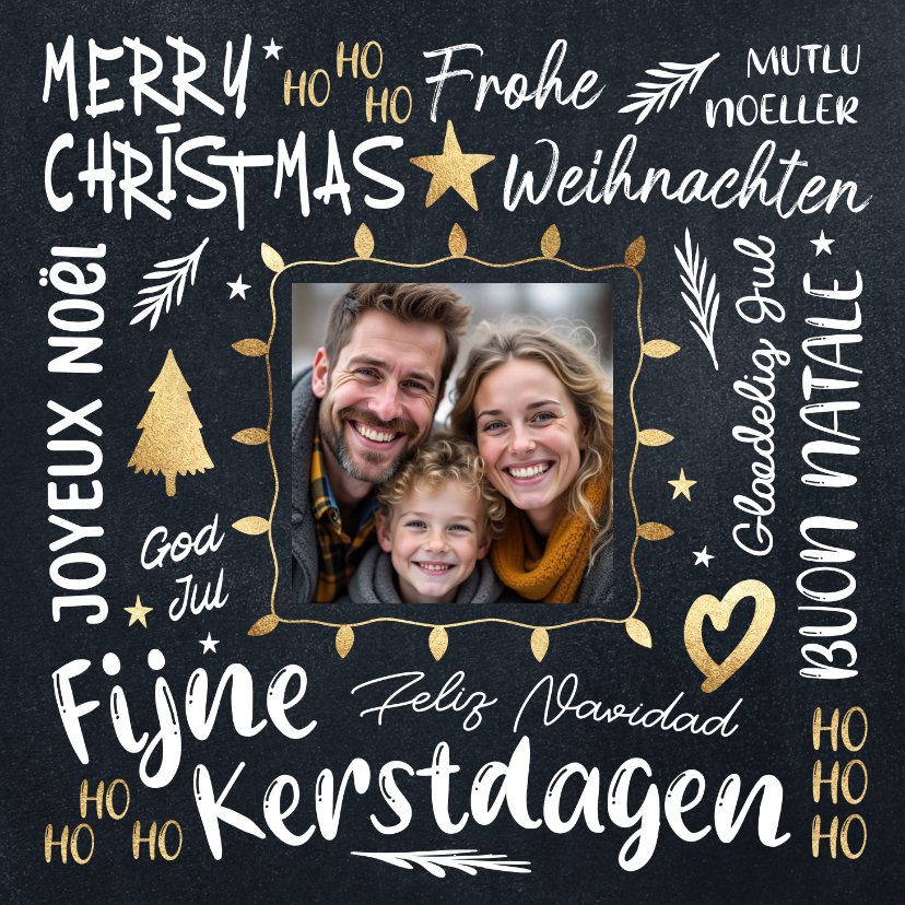 Kerstkaarten - Foto kerstkaart zwart goud 2026 verschillende talen