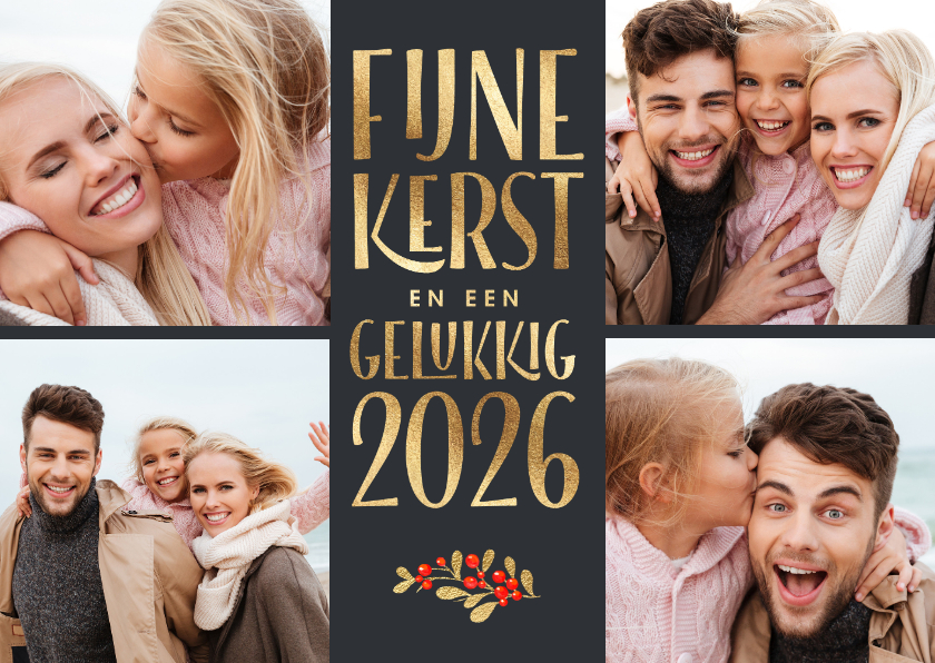 Kerstkaarten - Foto kerstkaarten 2026 collage donker grijs goud 