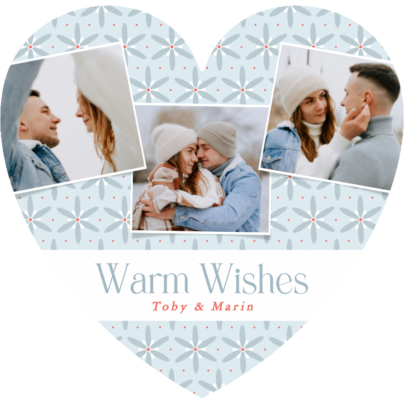 Fotocollage kerstkaart hartje met blauwe bloemen - Kerstkaarten Kerstkaarten - Fotocollage kerstkaart hartje met blauwe bloemen