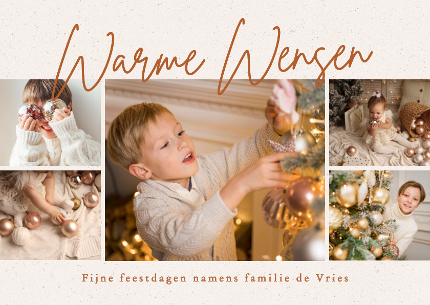 Fotocollage kerstkaart met papiertextuur warme wensen - Kerstkaarten Kerstkaarten - Fotocollage kerstkaart met papiertextuur warme wensen