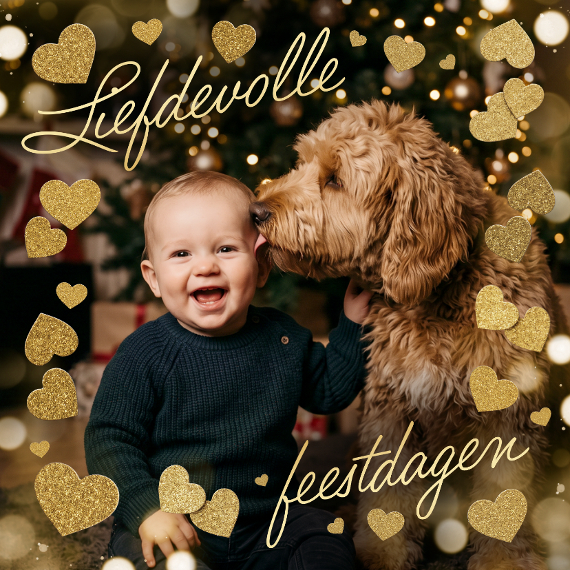 Fotokaart kerst liefdevolle feestdagen hartjes goud - Kerstkaarten Kerstkaarten - Fotokaart kerst liefdevolle feestdagen hartjes goud