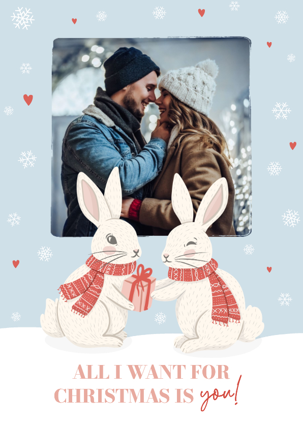 Fotokaart kerst met konijntjes en cadeautje - Kerstkaarten Kerstkaarten - Fotokaart kerst met konijntjes en cadeautje
