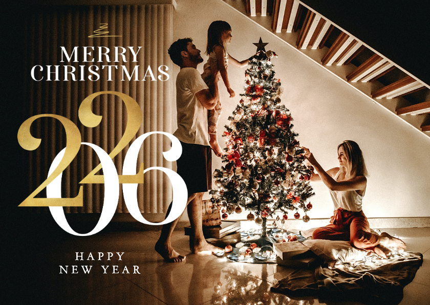Kerstkaarten - Fotokaart kerst nieuwjaar goud 2026 stijlvol modern