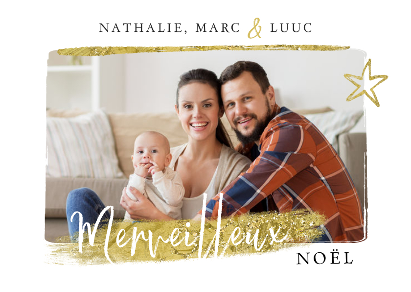 Franse kerstkaart goud glitters eigen foto sterren - Kerstkaarten Kerstkaarten - Franse kerstkaart goud glitters eigen foto sterren