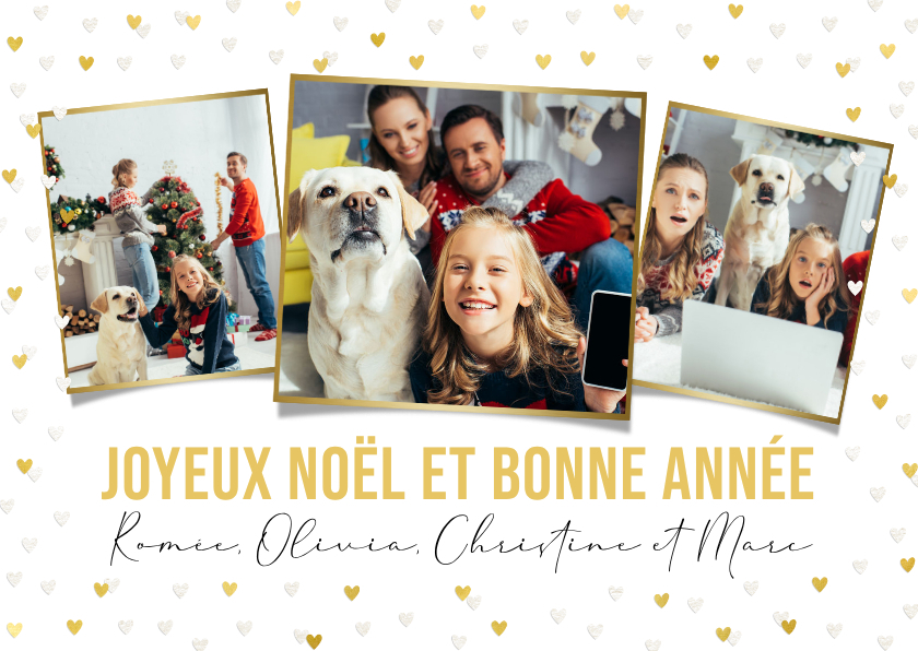 Franse kerstkaart met hartjes goud en eigen kerstboodschap - Kerstkaarten Kerstkaarten - Franse kerstkaart met hartjes goud en eigen kerstboodschap