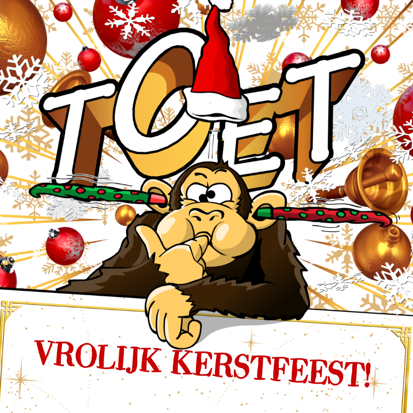 Gekke kerstaap met toeters in oren - Kerstkaarten Kerstkaarten - Gekke kerstaap met toeters in oren
