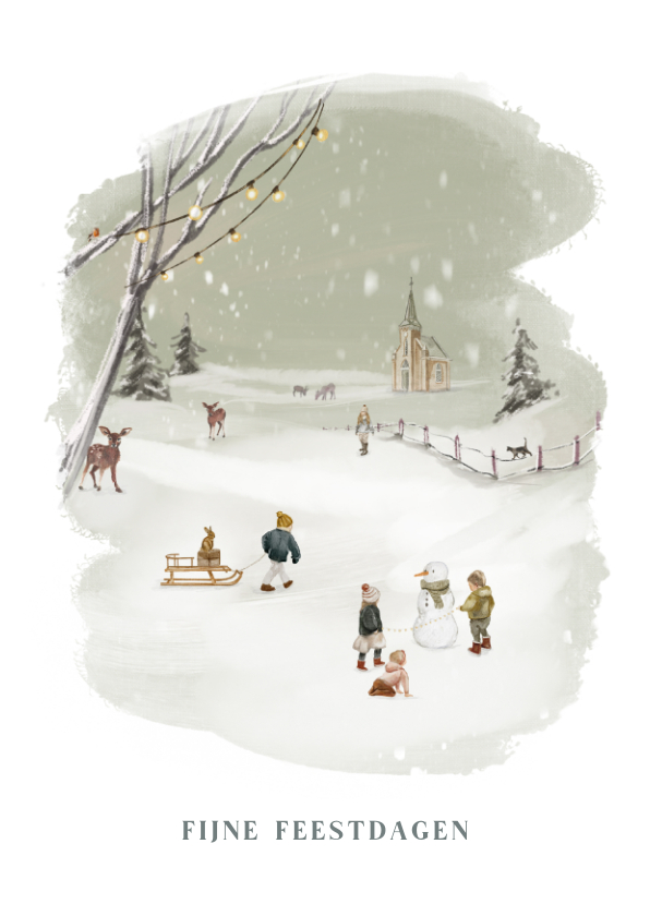 Kerstkaarten - Getekende kerstkaart kinderen in de sneeuw landschap