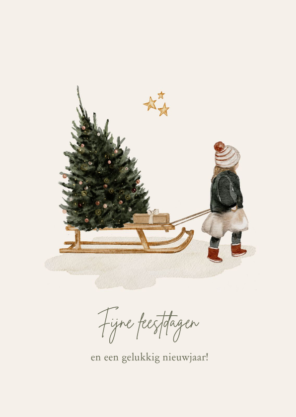 Getekende kerstkaart meisje met slee en kerstboom - Kerstkaarten Kerstkaarten - Getekende kerstkaart meisje met slee en kerstboom