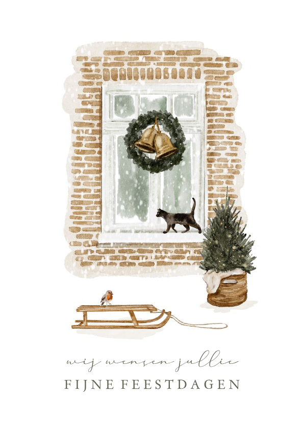 Getekende kerstkaart met raam en krans met kerstboom - Kerstkaarten Kerstkaarten - Getekende kerstkaart met raam en krans met kerstboom