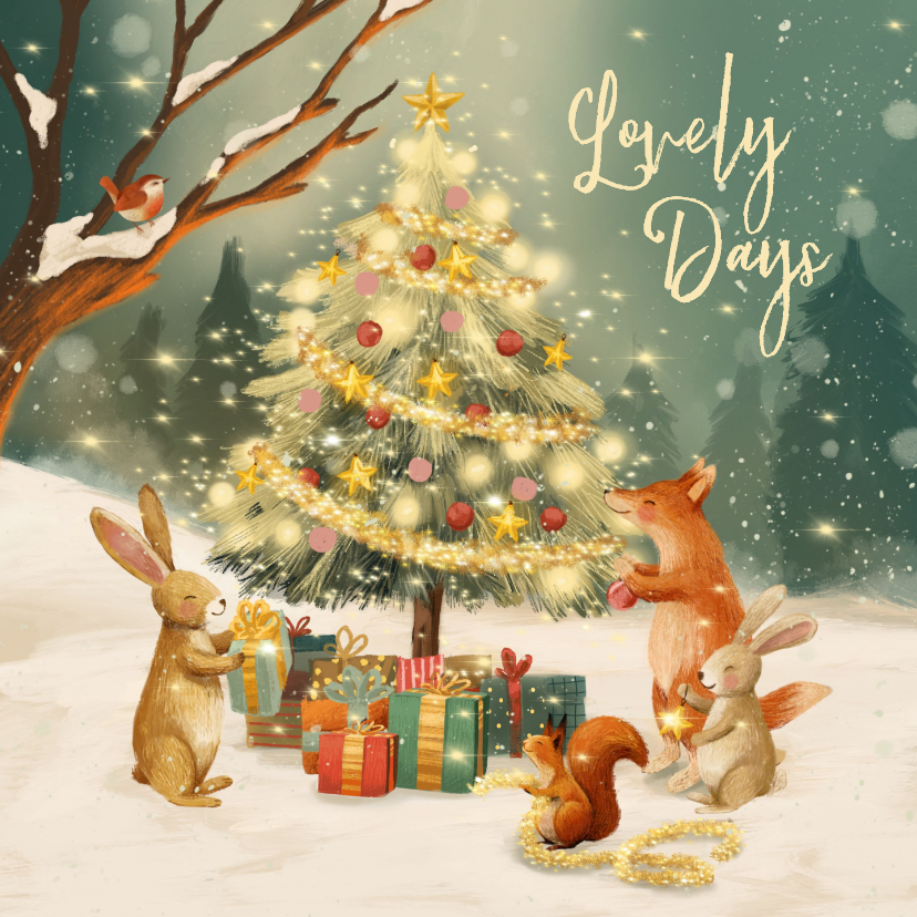Kerstkaarten - Gezellige en liefdevolle kerstkaart met dieren en kerstboom