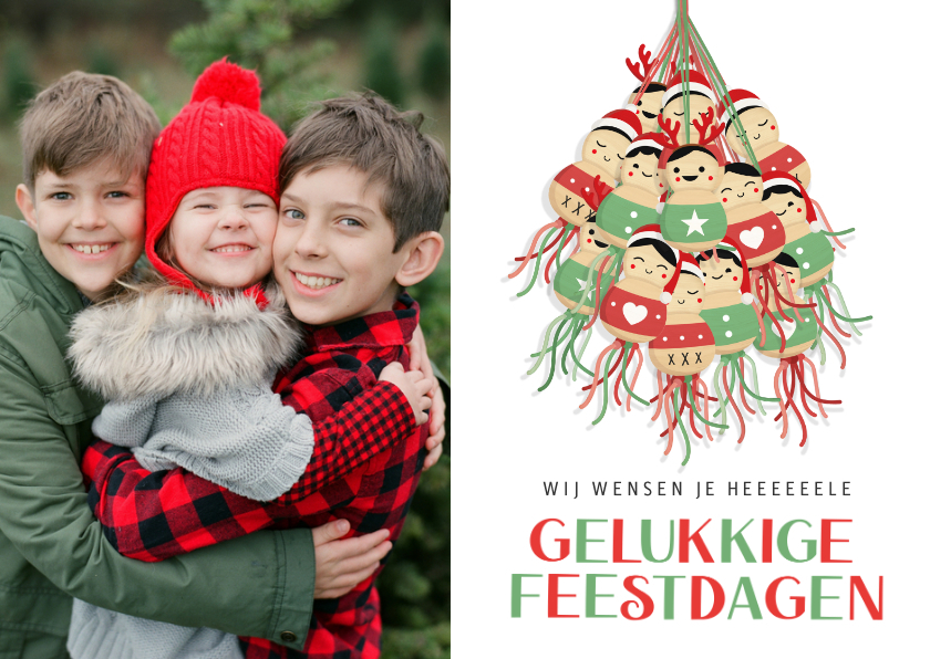 Gezellige kerstkaart met eigen foto en tros gelukspoppetjes - Kerstkaarten Kerstkaarten - Gezellige kerstkaart met eigen foto en tros gelukspoppetjes