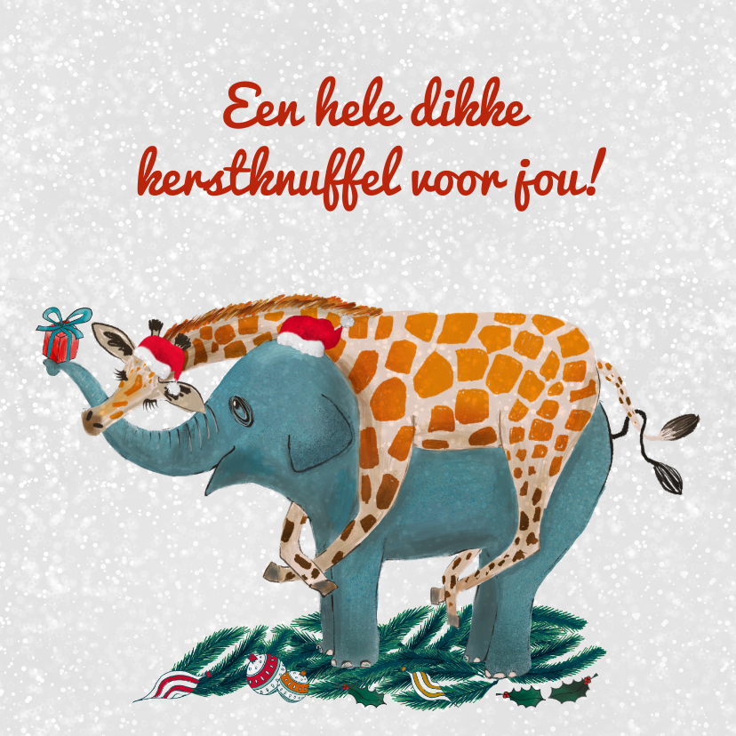 Giraffe knuffelt olifant tijdens kerst - Kerstkaarten Kerstkaarten - Giraffe knuffelt olifant tijdens kerst