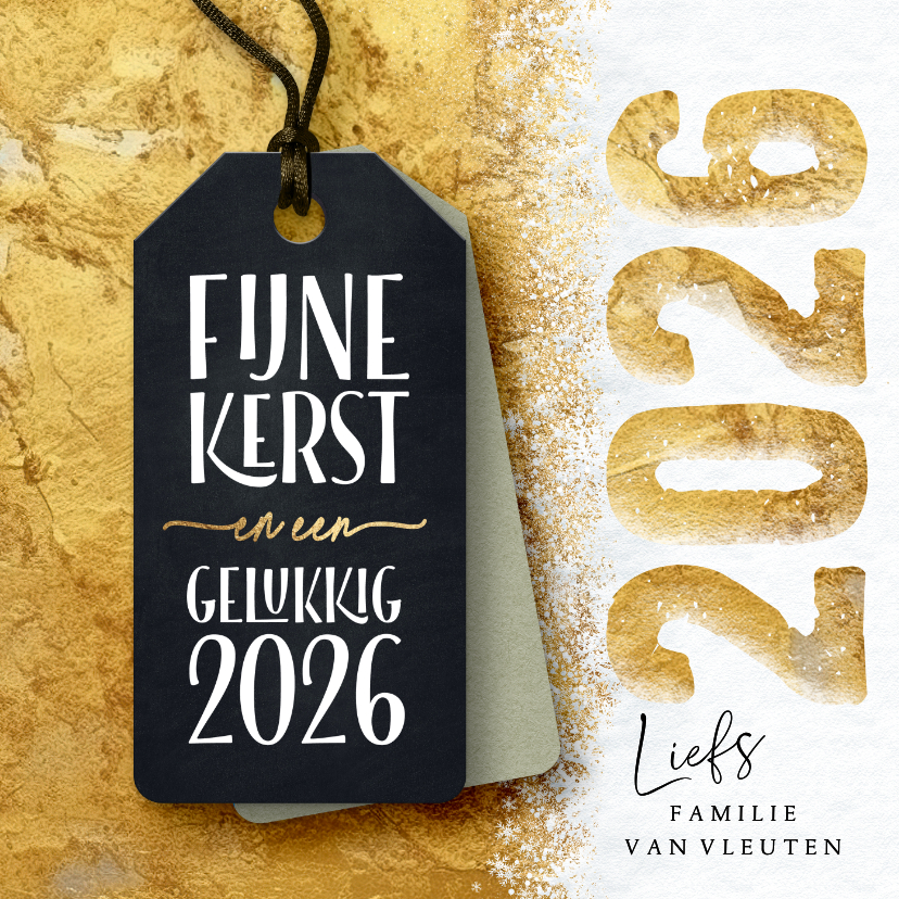 Kerstkaarten - Gouden kerstkaart label en sneeuw 2026
