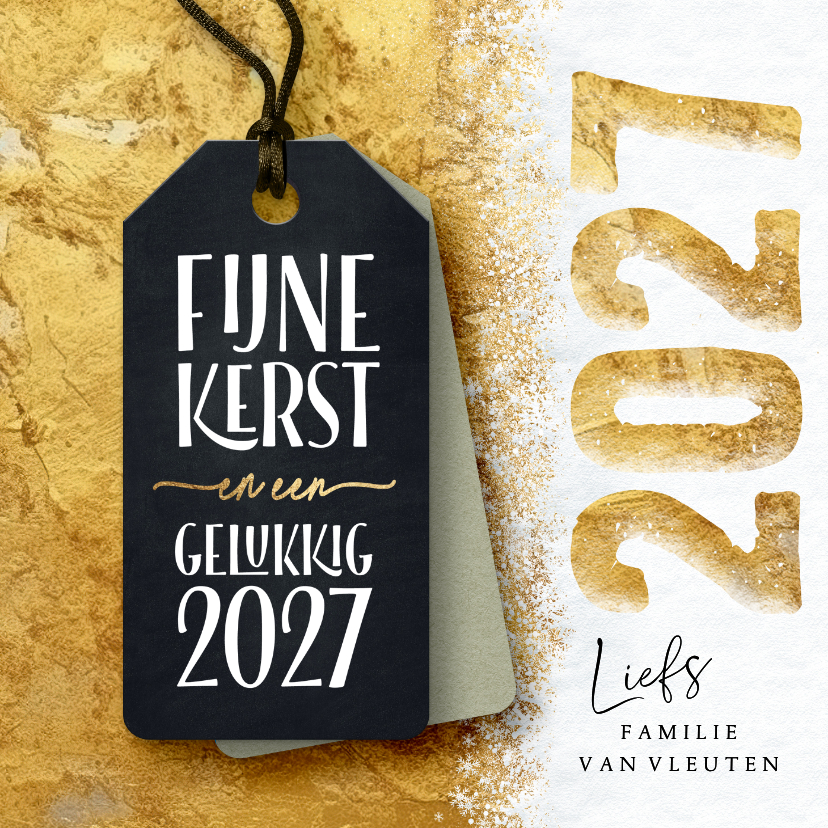 Gouden kerstkaart label en sneeuw 2027 - Kerstkaarten Kerstkaarten - Gouden kerstkaart label en sneeuw 2027