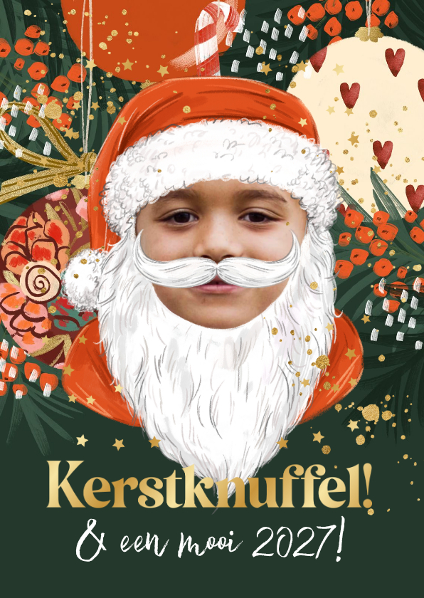 Grappige fotokaart kerstknuffel kerstman kerstbal goud - Kerstkaarten Kerstkaarten - Grappige fotokaart kerstknuffel kerstman kerstbal goud