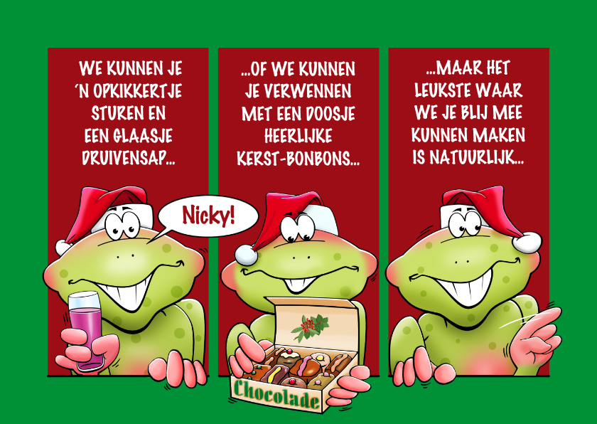 Kerstkaarten - Grappige kaart met kikkers, die je fijne kerstdagen wensen