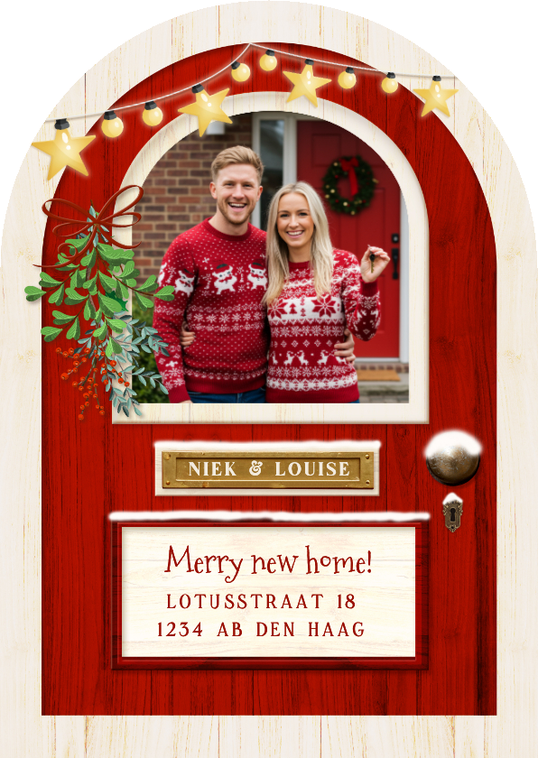 Kerstkaarten - Grappige kerst verhuiskaart met rode deur in boogvorm