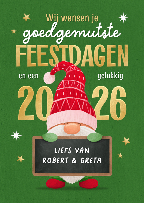Grappige kerstkaart goedgemutste kabouter 2026 feestdagen - Kerstkaarten Kerstkaarten - Grappige kerstkaart goedgemutste kabouter 2026 feestdagen