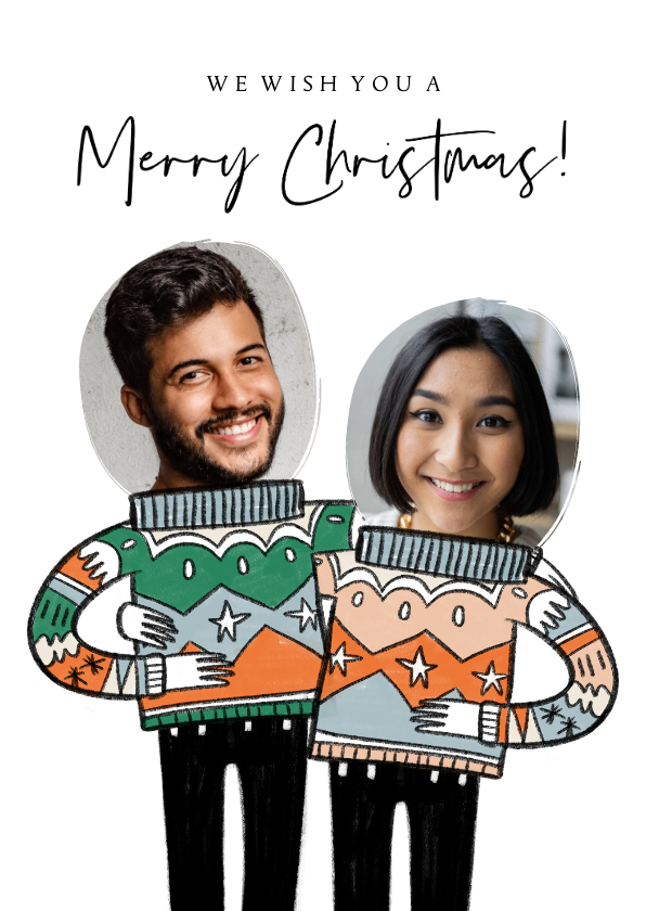Grappige kerstkaart illustratie kersttruien met foto's - Kerstkaarten Kerstkaarten - Grappige kerstkaart illustratie kersttruien met foto's