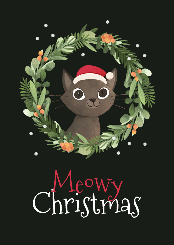 Grappige kerstkaart meowy christmas kat krans dieren - Kerstkaarten Kerstkaarten - Grappige kerstkaart meowy christmas kat krans dieren