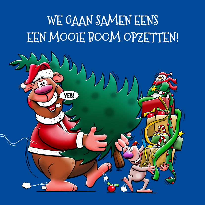 Kerstkaarten - Grappige kerstkaart met beer en muisje versierde boom