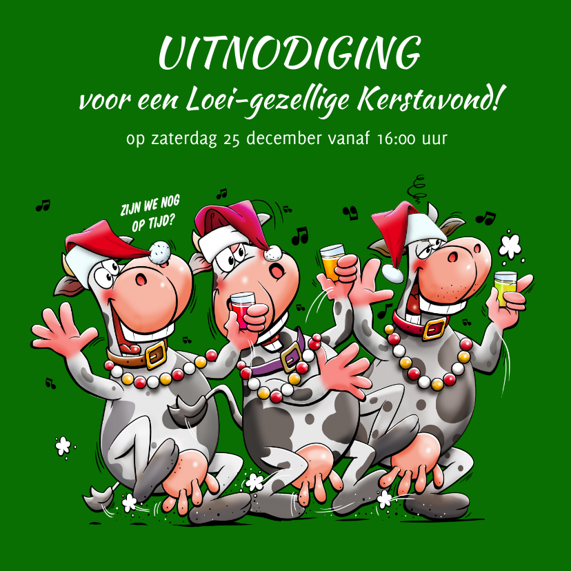 Grappige kerstkaart met feestende koeien met een drankje - Kerstkaarten Kerstkaarten - Grappige kerstkaart met feestende koeien met een drankje