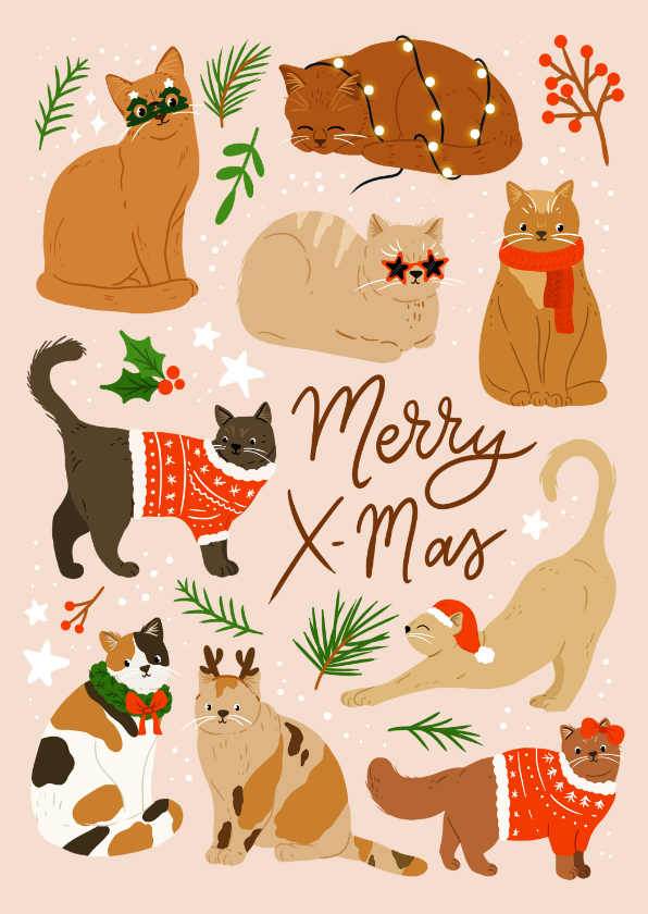 Kerstkaarten - Grappige kerstkaart met katten illustratie