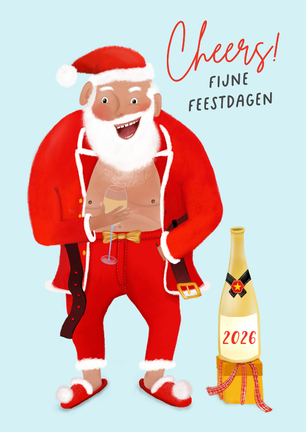 Kerstkaarten - Grappige kerstkaart met kerstman met champagne 