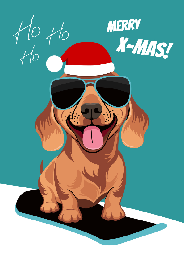 Grappige kerstkaart met stoere teckel op snowboard - Kerstkaarten Kerstkaarten - Grappige kerstkaart met stoere teckel op snowboard