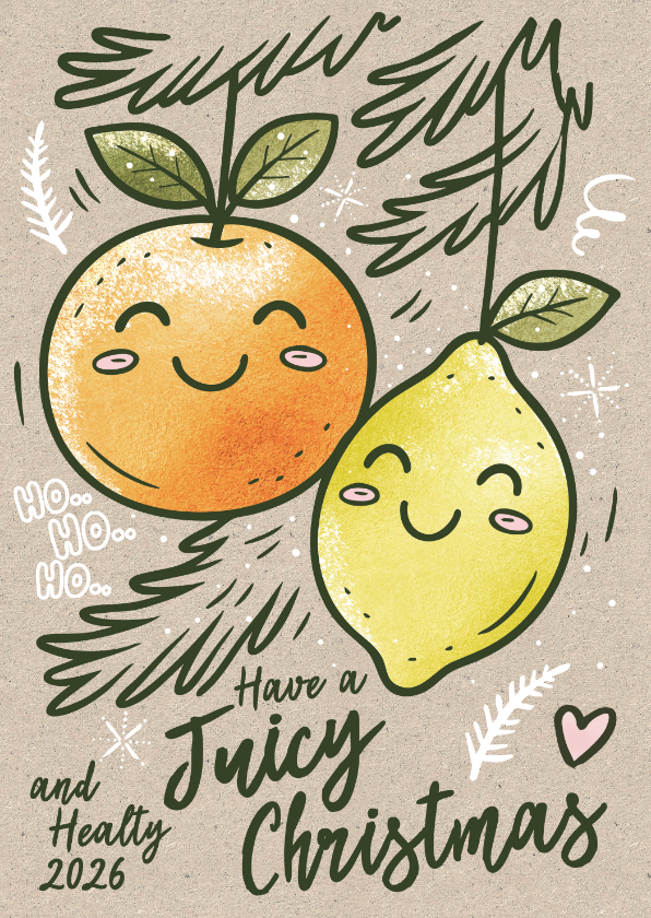 Kerstkaarten - Grappige kerstkaart retro illustratie citroen sinaasappel