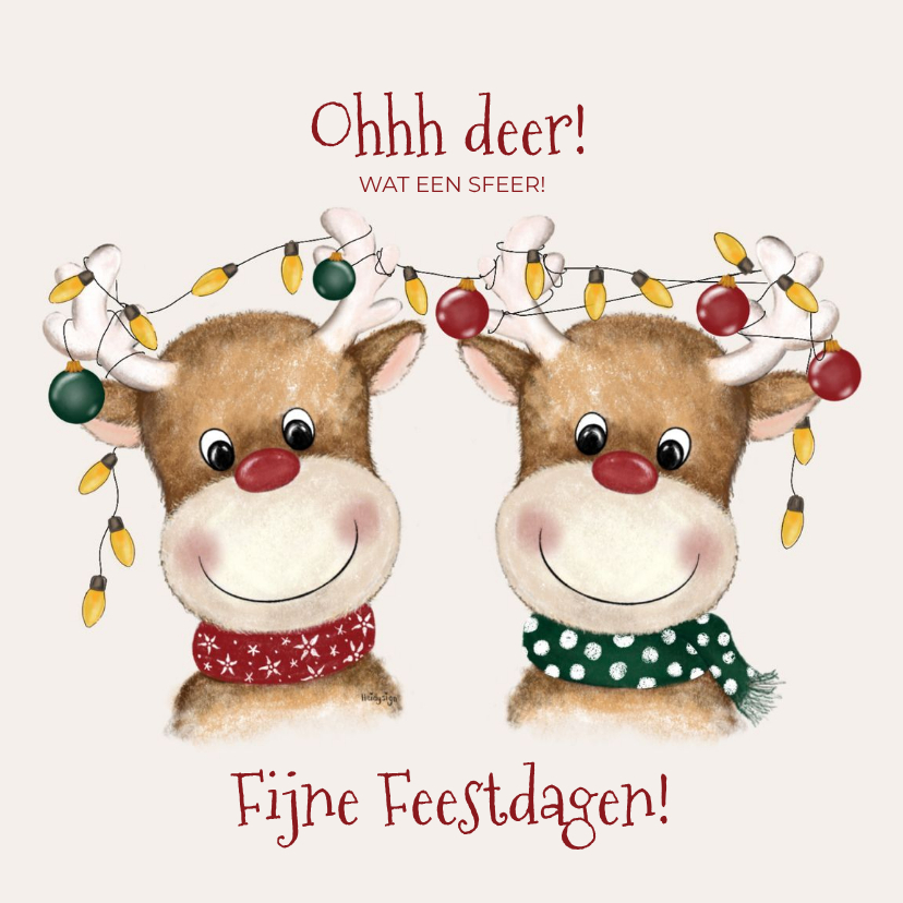 Grappige kerstkaart tekening twee rendieren met kerslichtjes - Kerstkaarten Kerstkaarten - Grappige kerstkaart tekening twee rendieren met kerslichtjes