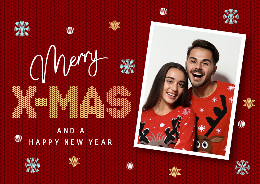 Grappige rode foto kerstkaart met kersttrui achtergrond - Kerstkaarten Kerstkaarten - Grappige rode foto kerstkaart met kersttrui achtergrond