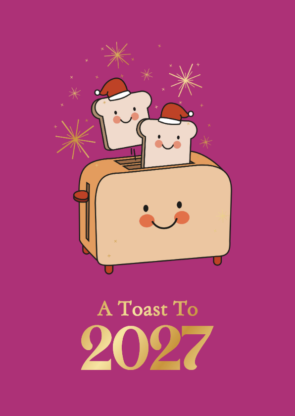 Kerstkaarten - Grappige roze kerstkaart met broodrooster toast op 2027
