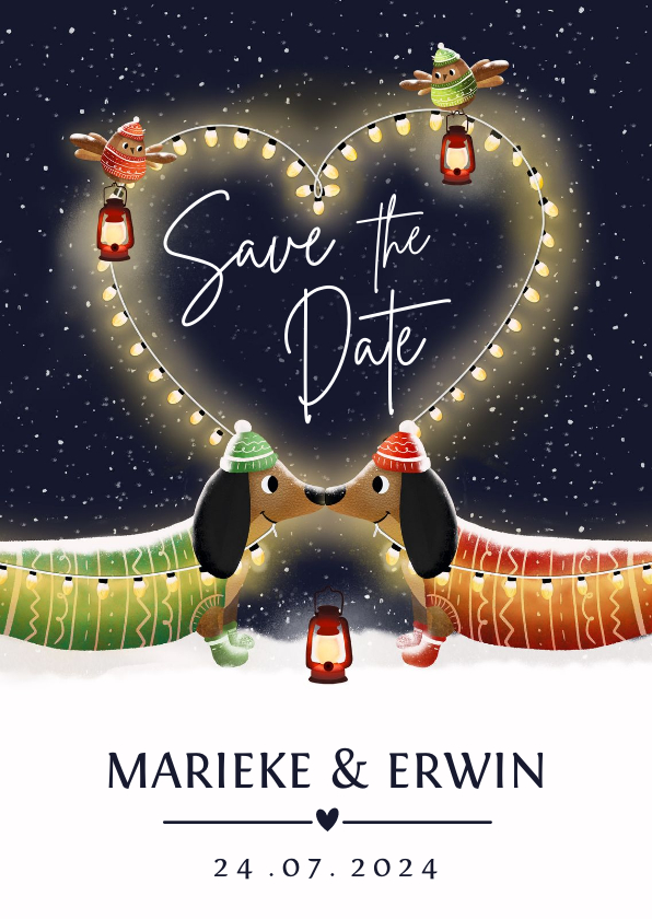 Kerstkaarten - Grappige Save the Date kerstkaart met 2 teckels en hart