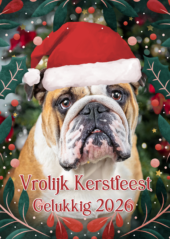 Kerstkaarten - Grappige staande kerstkaart met eigen foto van bulldog 