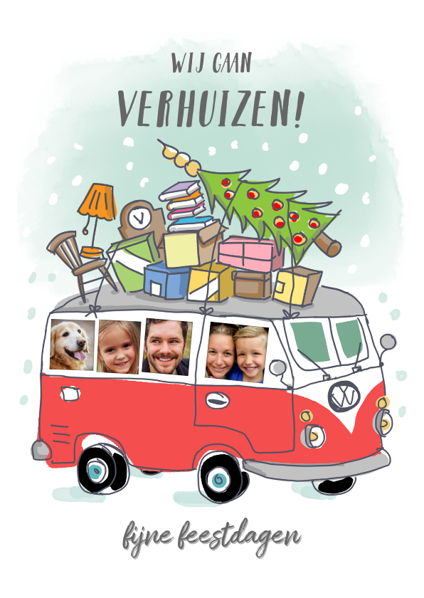 Kerstkaarten - Grappige verhuis kerstkaart met volkswagenbusje en foto's