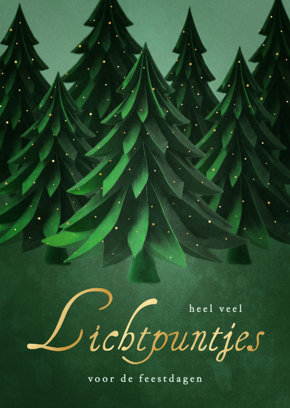 Groene kerstkaart met bomen met lampjes lichtpuntjes - Kerstkaarten Kerstkaarten - Groene kerstkaart met bomen met lampjes lichtpuntjes