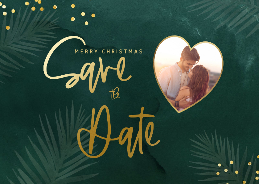 Kerstkaarten - Groene savethedate kerstkaart met confetti en eigen foto