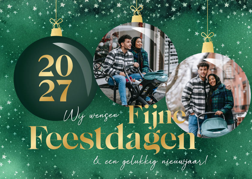 Groene waterverf kerstkaart met kerstballen foto en sterren - Kerstkaarten Kerstkaarten - Groene waterverf kerstkaart met kerstballen foto en sterren