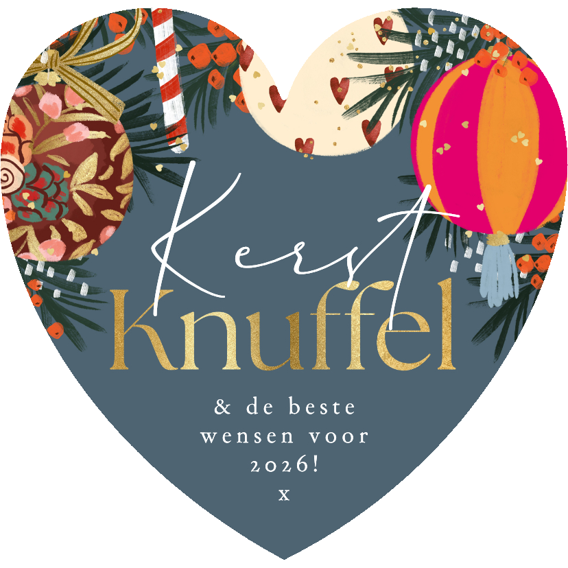 Hartvormige kerstkaart kerstknuffel kerstbal goud hartjes - Kerstkaarten Kerstkaarten - Hartvormige kerstkaart kerstknuffel kerstbal goud hartjes
