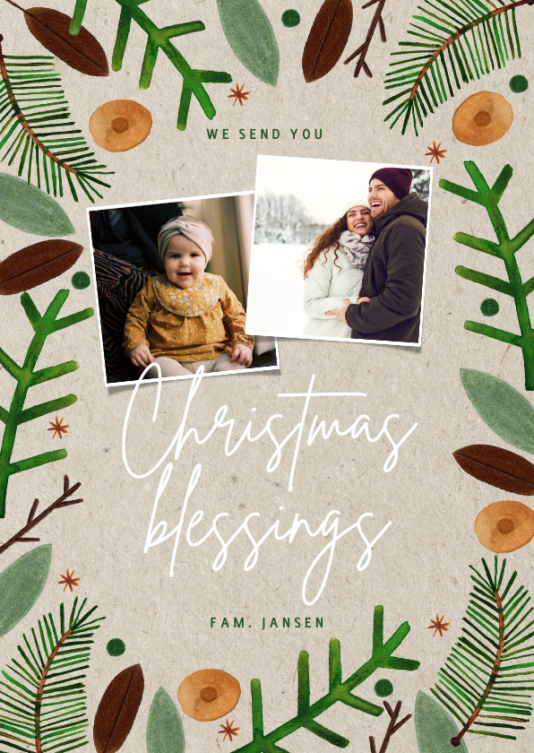 Hippe Christmas Blessings kerstkaart groene takjes foto's - Kerstkaarten Kerstkaarten - Hippe Christmas Blessings kerstkaart groene takjes foto's