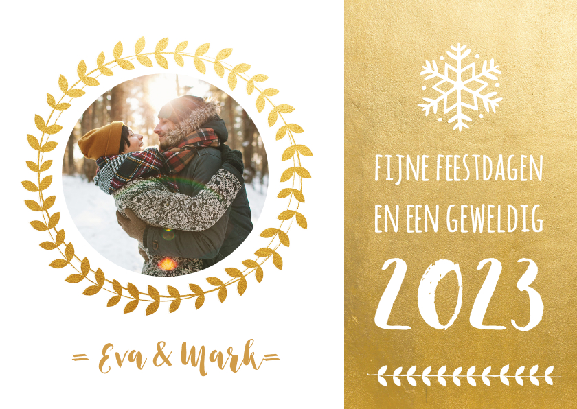 Hippe en stijlvolle kerstkaart lauwerkrans en goudlook - Kerstkaarten Kerstkaarten - Hippe en stijlvolle kerstkaart lauwerkrans en goudlook