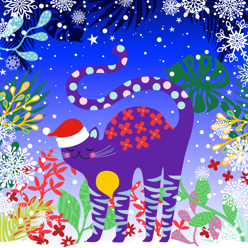 Kerstkaarten - Hippe en vrolijke kerstkaart met kat in de sneeuw