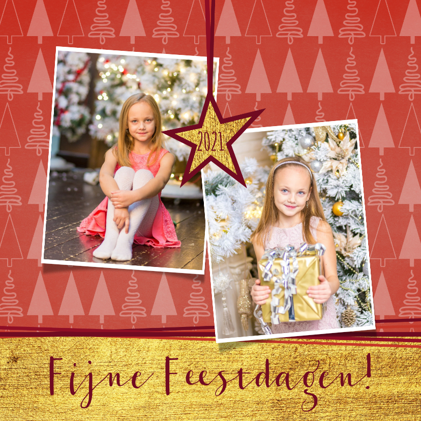 Hippe foto kerstkaart goud rood kerstboom 2021 - Kerstkaarten Kerstkaarten - Hippe foto kerstkaart goud rood kerstboom 2021