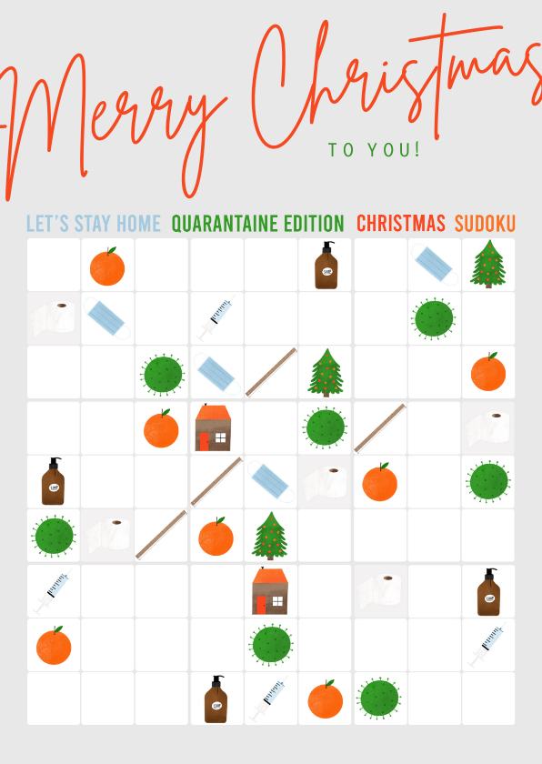 Hippe kerstkaart corona quarantaine sudoku met illustraties - Kerstkaarten Kerstkaarten - Hippe kerstkaart corona quarantaine sudoku met illustraties