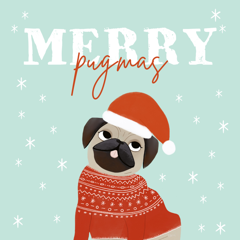 Kerstkaarten - Hippe kerstkaart humor merry pugmas hondje kerstmuts en trui